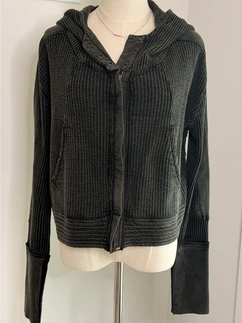 Women's Dark Gray Hooded Waffle Zip Sweater